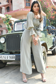 SAGE GREY CROP TOP WITH FLARED PANTS