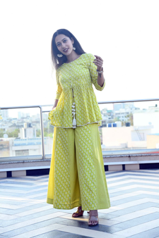 LIME FLORA-STRIPED TOP & PANELED PLAZZO SET