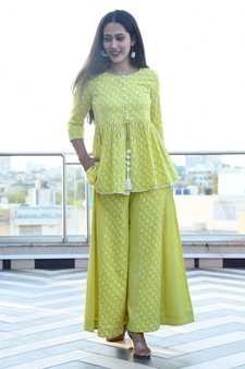 LIME FLORA-STRIPED TOP & PANELED PLAZZO SET