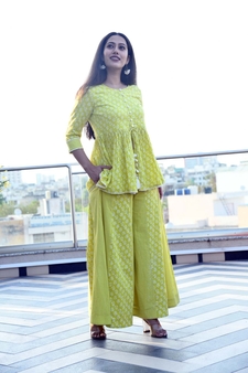 LIME FLORA-STRIPED TOP & PANELED PLAZZO SET
