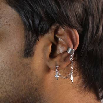 Cross & Star Single Chain Ear Cuff for Men - Silver 2