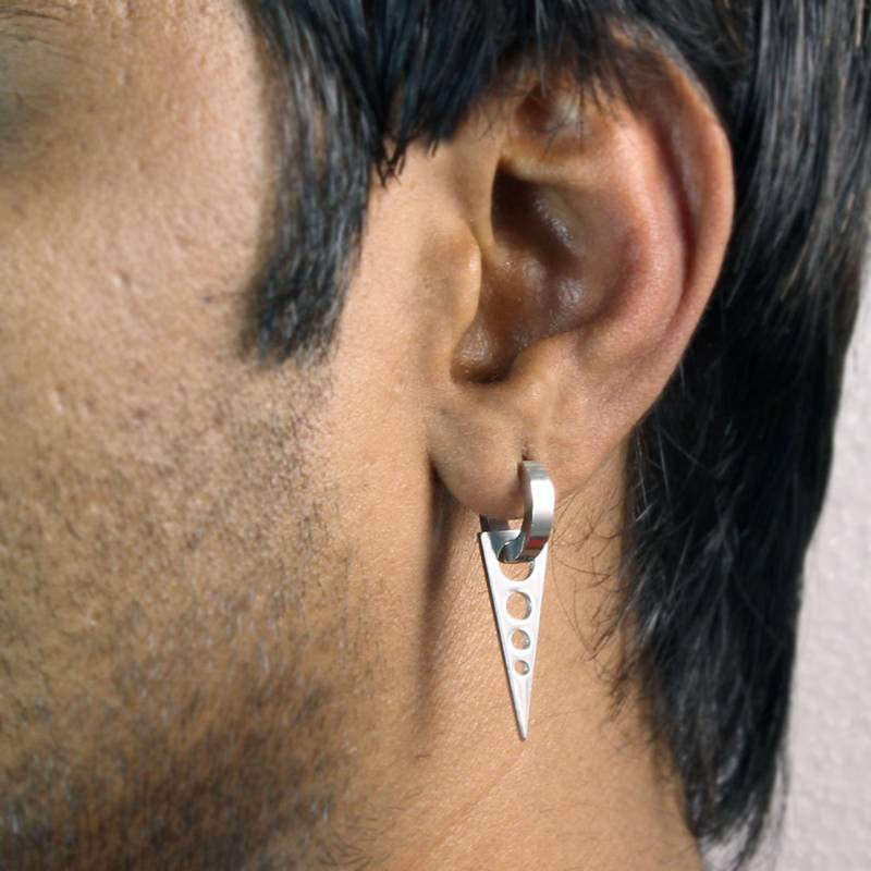 Dangling Triangle With Circles Single Hoop Earring For Men Dangling Triangle With Circles Single Hoop Earring For Men Silver