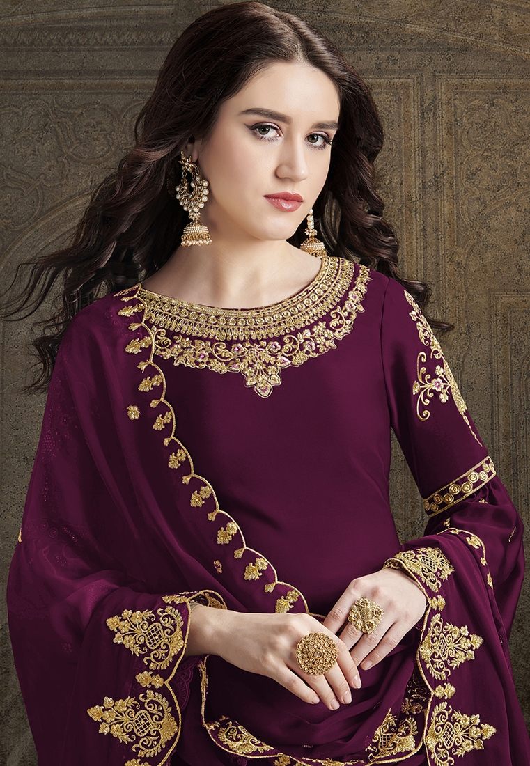 Regal Deep Purple Embroidered Cotton Salwar Suit Set with Dupatta main image 0