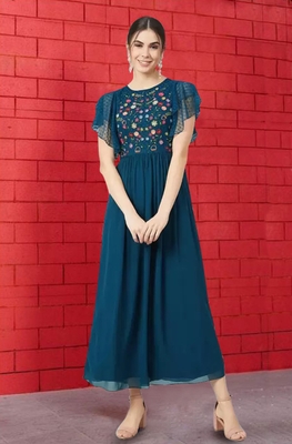 Trendmalls Morpeach Faux Georgette Embroidered Anarkali Festive Casual Premium Kurtis 3