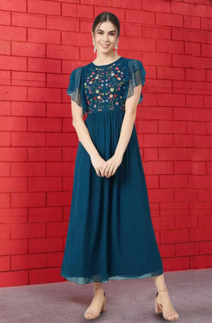 Trendmalls Morpeach Faux Georgette Embroidered Anarkali Festive Casual Premium Kurtis