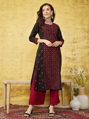 Hand Embroidered Black & Red Cotton Lucknowi Chikankari Indian Women Straight Kurta 1