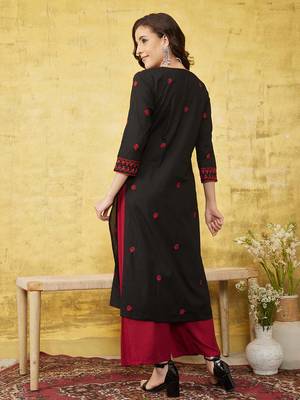 Hand Embroidered Black & Red Cotton Lucknowi Chikankari Indian Women Straight Kurta 2