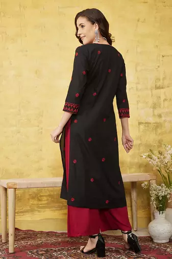 Hand Embroidered Black & Red Cotton Lucknowi Chikankari Indian Women Straight Kurta