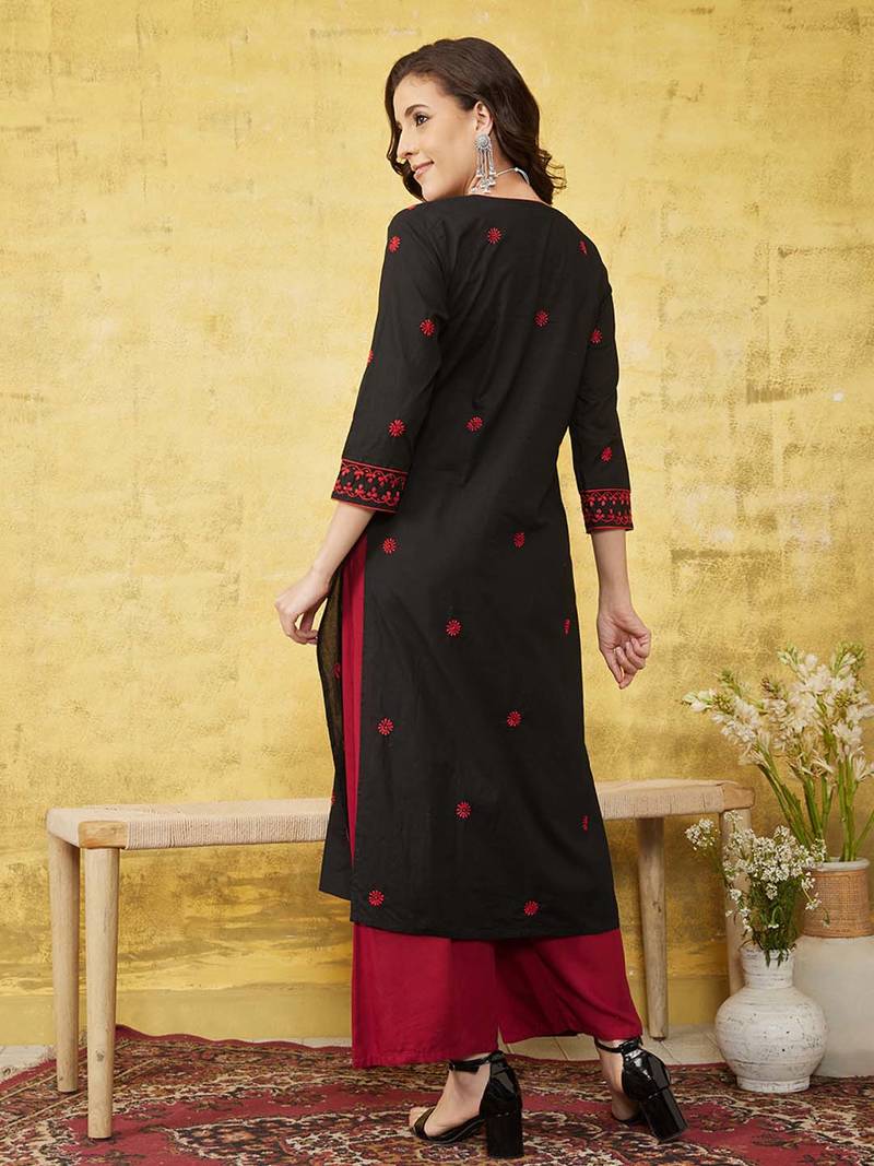 Hand Embroidered Black & Red Cotton Lucknowi Chikankari Indian Women Straight Kurta