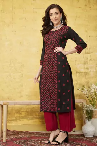 Hand Embroidered Black & Red Cotton Lucknowi Chikankari Indian Women Straight Kurta