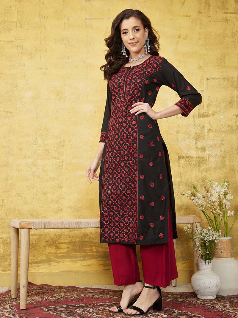 Hand Embroidered Black & Red Cotton Lucknowi Chikankari Indian Women Straight Kurta