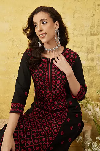 Hand Embroidered Black & Red Cotton Lucknowi Chikankari Indian Women Straight Kurta
