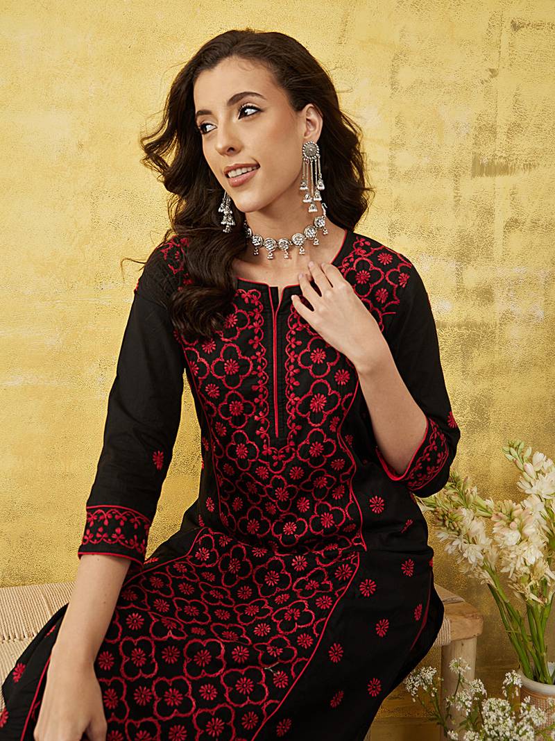 Hand Embroidered Black & Red Cotton Lucknowi Chikankari Indian Women Straight Kurta