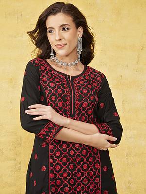 Hand Embroidered Black & Red Cotton Lucknowi Chikankari Indian Women Straight Kurta 5