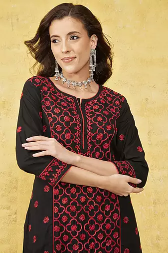 Hand Embroidered Black & Red Cotton Lucknowi Chikankari Indian Women Straight Kurta