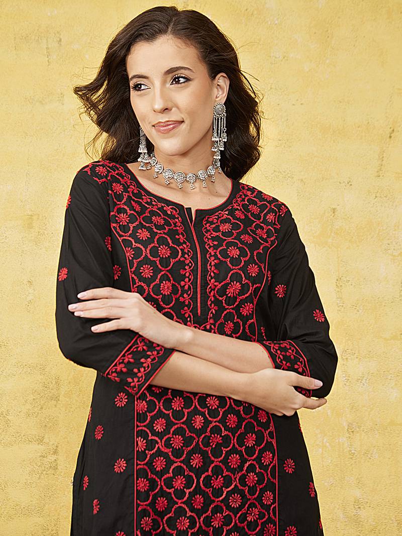 Hand Embroidered Black & Red Cotton Lucknowi Chikankari Indian Women Straight Kurta