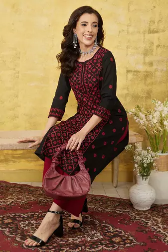 Hand Embroidered Black & Red Cotton Lucknowi Chikankari Indian Women Straight Kurta