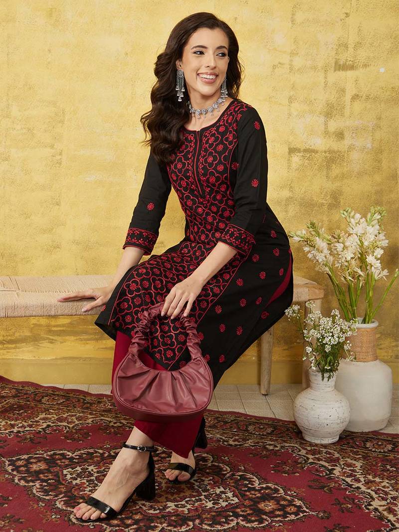 Hand Embroidered Black & Red Cotton Lucknowi Chikankari Indian Women Straight Kurta