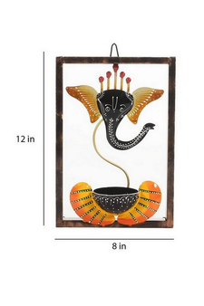 Trinity Craft Iron Handpainted Yellow Ganesh T-Light In Frame Wall Art | Table Decor | Wall Decor | Table Home Showpiece