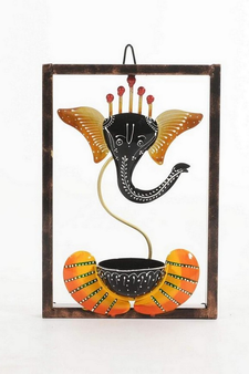 Trinity Craft Iron Handpainted Yellow Ganesh T-Light In Frame Wall Art | Table Decor | Wall Decor | Table Home Showpiece