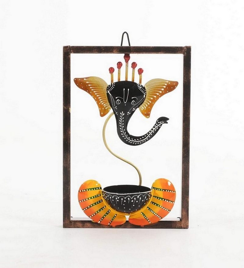 Trinity Craft Iron Handpainted Yellow Ganesh T-Light In Frame Wall Art | Table Decor | Wall Decor | Table Home Showpiece