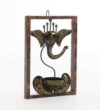 Trinity Craft Iron Handpainted Black & Golden Ganesh T-Light In Frame Wall Art | Table Decor | Wall Decor 1