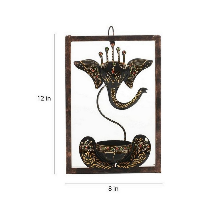 Trinity Craft Iron Handpainted Black & Golden Ganesh T-Light In Frame Wall Art | Table Decor | Wall Decor