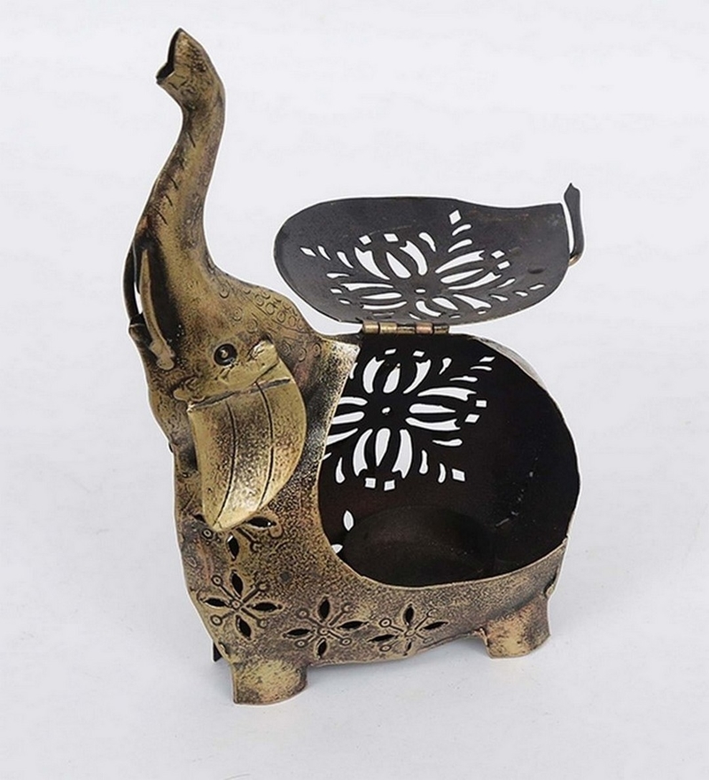 Trinity Craft Iron Antique Painted Tea Light Elephant Animal Figurine | Table Decor | Wall Decor | Table showpiece