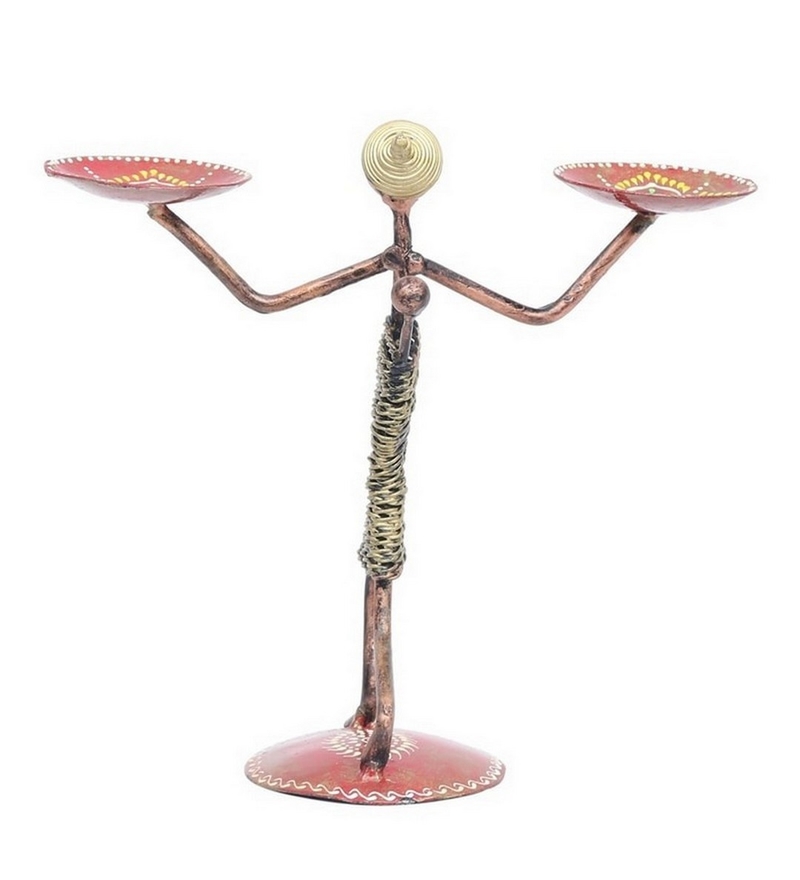 Trinity Craft Iron Multicolour Lady With Kid Double T-Light Holder | Table Decor | Wall Decor | Table Home Showpiece