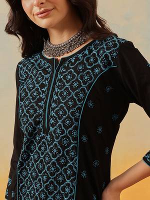 Hand Embroidered Black & Turquise Blue Cotton Lucknowi Chikankari Women Straight Kurta 6