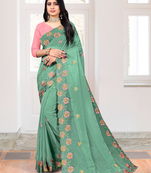 Indian Women Turquoise Green Soft Orgenza Swarovski Work Embroidery Saree