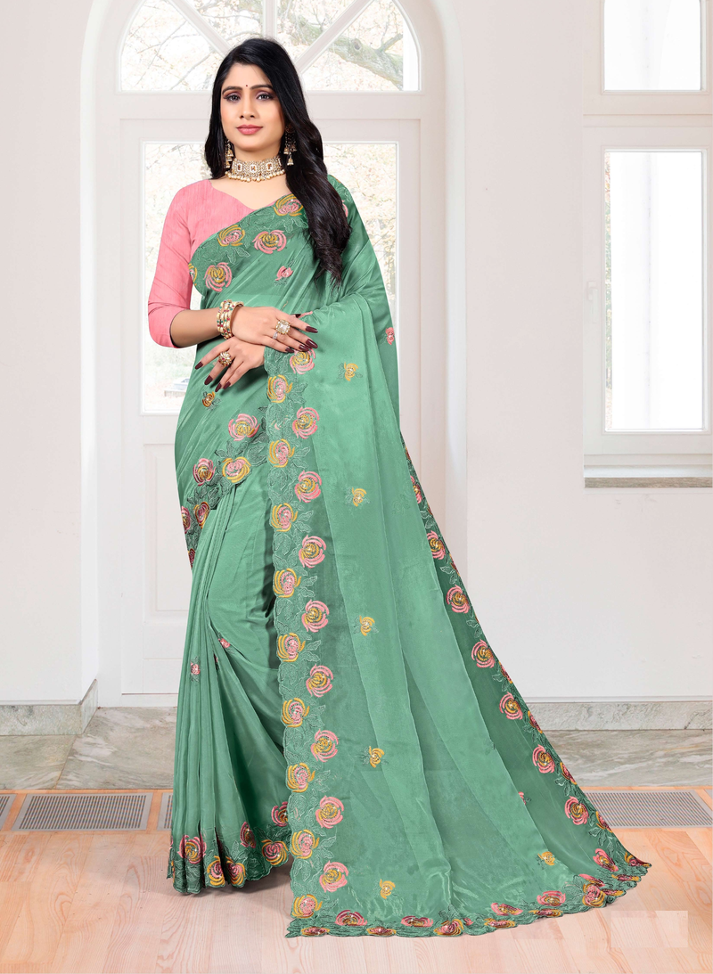 Indian Women Turquoise Green Soft Orgenza Swarovski Work Embroidery Saree