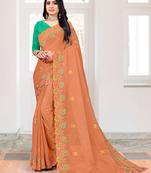 Indian Women Orange  Soft Orgenza Swarovski Work Embroidery Saree