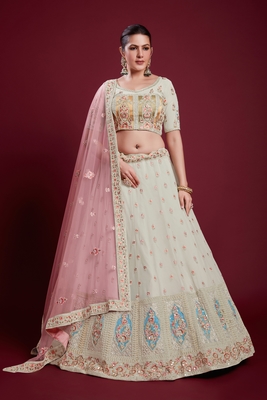 Off-white embroidered georgette semi stitched lehenga 2