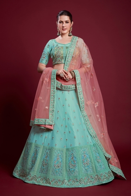 Turquoise embroidered georgette semi stitched lehenga 1