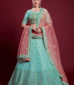 Turquoise embroidered georgette semi stitched lehenga