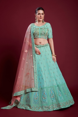 Turquoise embroidered georgette semi stitched lehenga 2