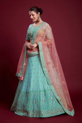 Turquoise embroidered georgette semi stitched lehenga 3