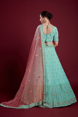 Turquoise embroidered georgette semi stitched lehenga 4