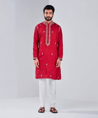 Pompeian Red Cotton Silk Kurta 2