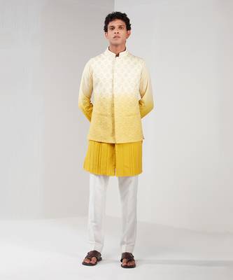 Yellow & White Ombre Dupion Silk Nehru Jacket 1