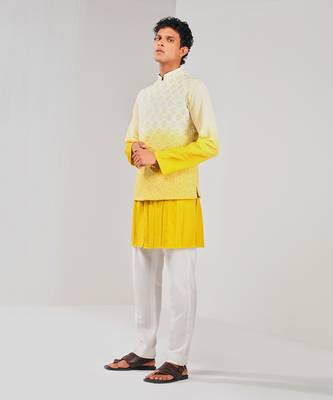 Yellow & White Ombre Dupion Silk Nehru Jacket 2