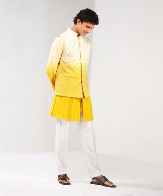 Yellow & White Ombre Dupion Silk Nehru Jacket 3