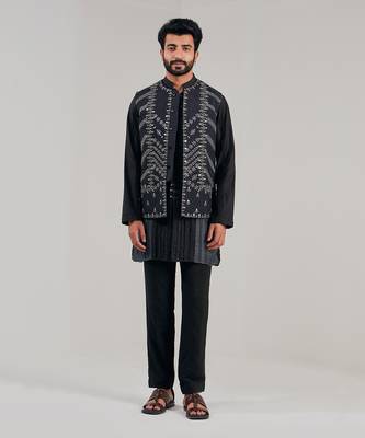 Midnight Black Dupion Silk Nehru Jacket 1