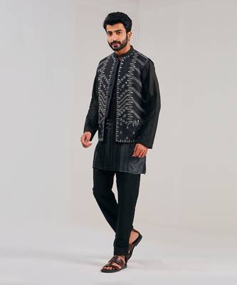 Midnight Black Dupion Silk Nehru Jacket 2