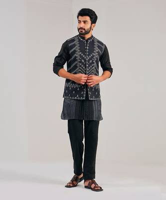 Midnight Black Dupion Silk Nehru Jacket 3