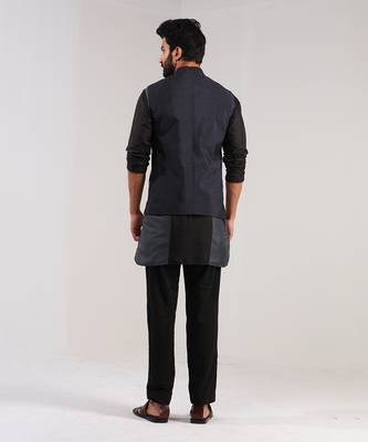 Midnight Black Dupion Silk Nehru Jacket 4
