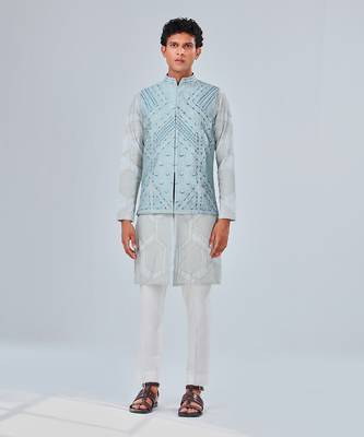 Powder Blue Dupion Silk Nehru Jacket 1
