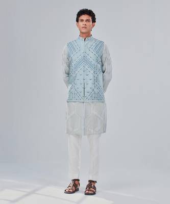 Powder Blue Dupion Silk Nehru Jacket 3