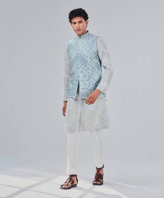 Powder Blue Dupion Silk Nehru Jacket 4